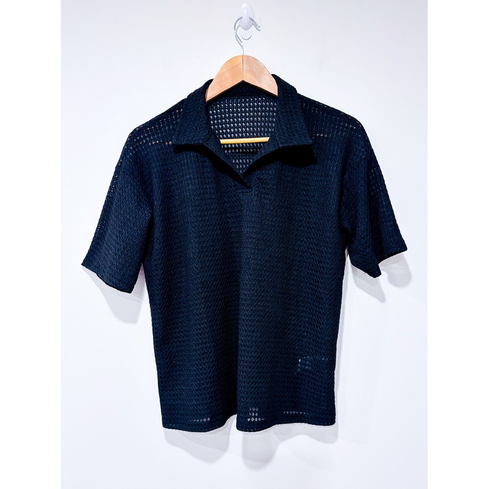 DAZY Black mesh polo top | Sheer Minimalist Streetwear | Medium